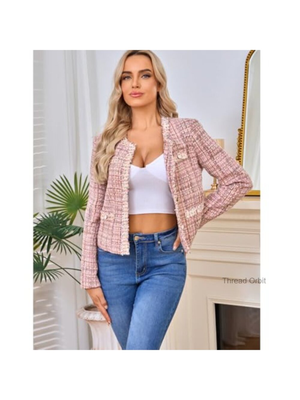 Women's Tweed Cropped Blazer Collarless Plaid Long Sleeve Slim Fit Button - Picture 5 of 6